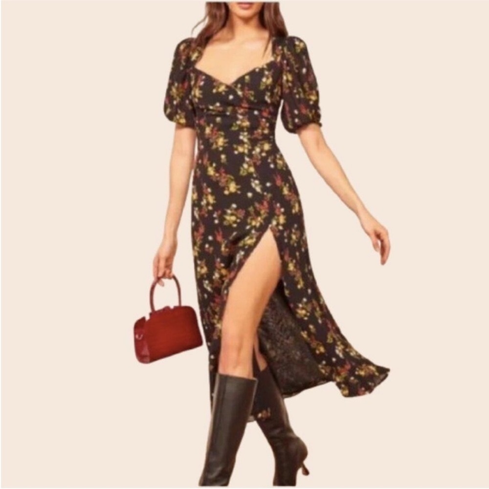 Reformation Black Floral Backless Dress - 
Vionette Midi Dress in Wildflower - Picture 2 of 8